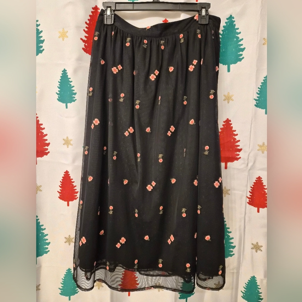 LOFT Black Midi Skirt with Pink Floral Accents
